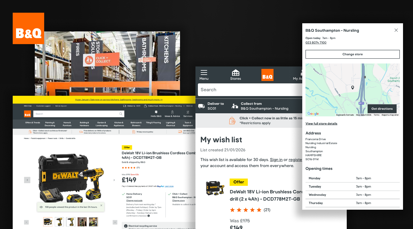 An image showing the B&Q logo, a picture of the click and collect desk from a B&Q store, as well as various screenshots of the website showing a product page, wish list and store details page